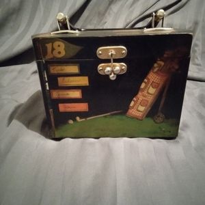 Vintage Decoupage Square Box Purse Black Golf Themed